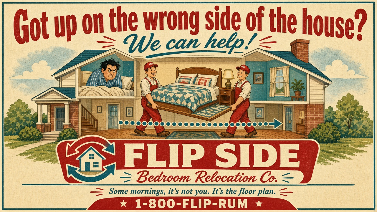 A retro advertisement: "Got up on the wrong side of the house? We can help!" Movers in red overalls carry a bed across a cutaway house from the left bedroom to the right, past a grumpy man lying in it. "Flip Side Bedroom Relocation Co." Tagline: "Some mornings, it's not you. It's the floor plan."