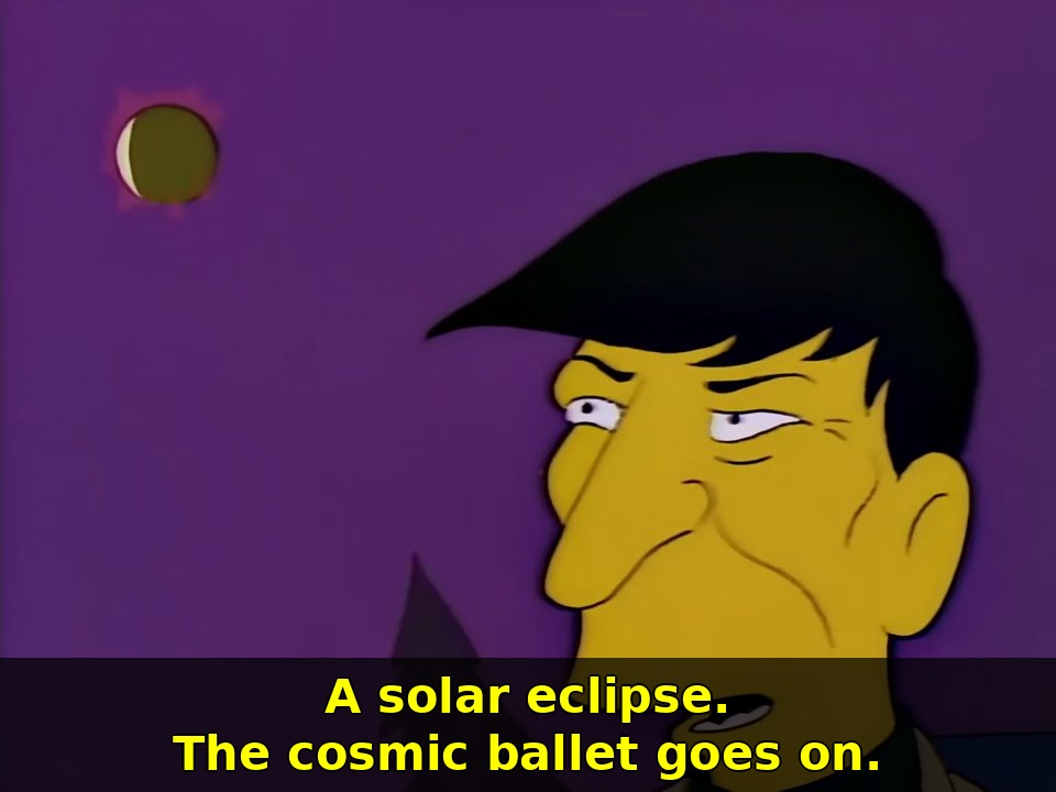Leonard Nimoy, drawn in profile against a purple sky with a solar eclipse over his shoulder, eyes slid sideways toward the camera. Subtitle: "A solar eclipse. The cosmic ballet goes on."