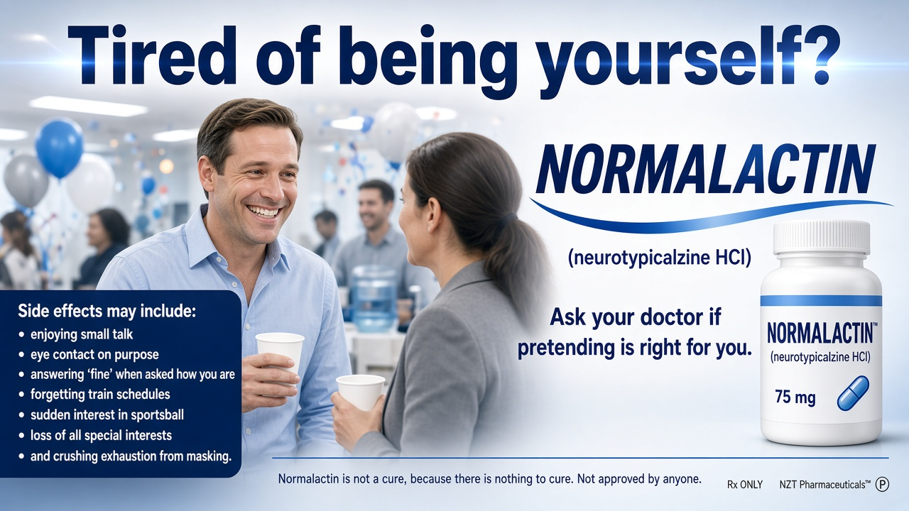 A pharmaceutical advertisement: "Tired of being yourself?" A smiling man at an office water cooler. A bottle labelled "Normalactin (neurotypicalzine HCl) 75 mg." Side effects include "answering 'fine' when asked how you are" and "crushing exhaustion from masking." Footer: "Normalactin is not a cure, because there is nothing to cure. Not approved by anyone."