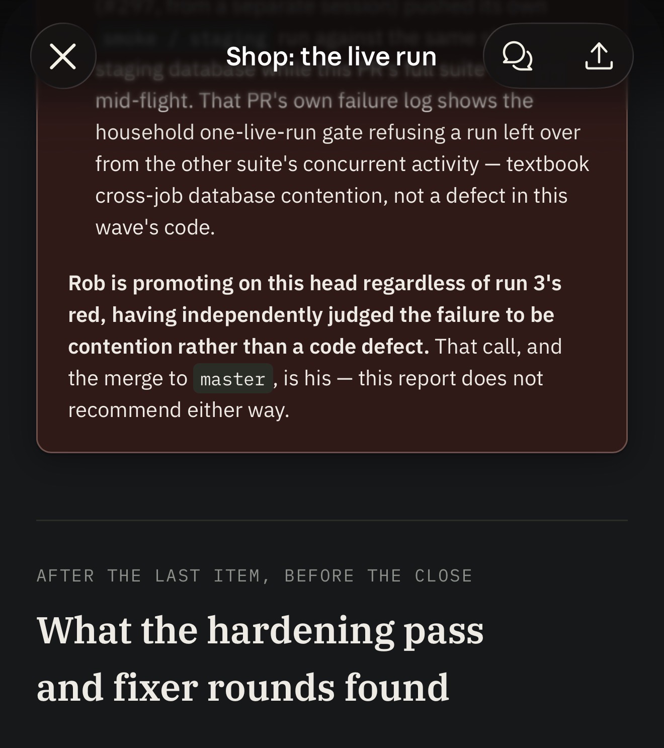 The wave report: "Rob is promoting on this head regardless of run 3's red… That call, and the merge to master, is his — this report does not recommend either way."