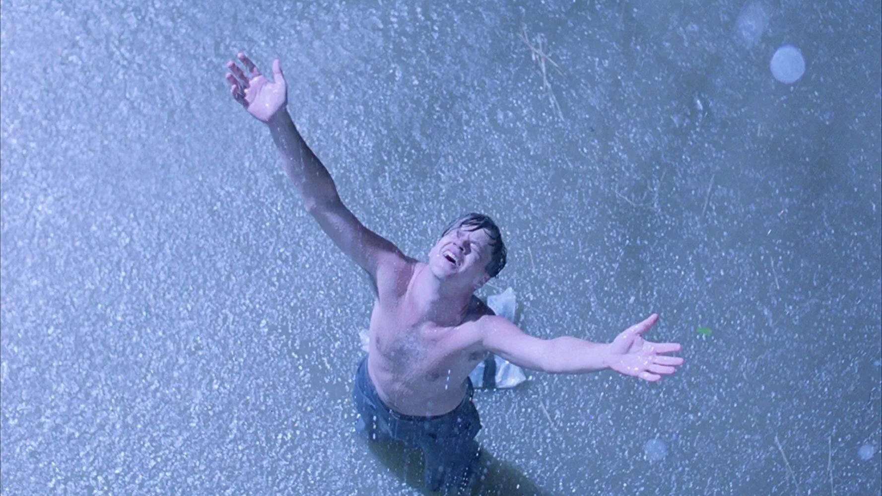 Andy Dufresne standing in the river in the rain, shot from above, arms thrown open